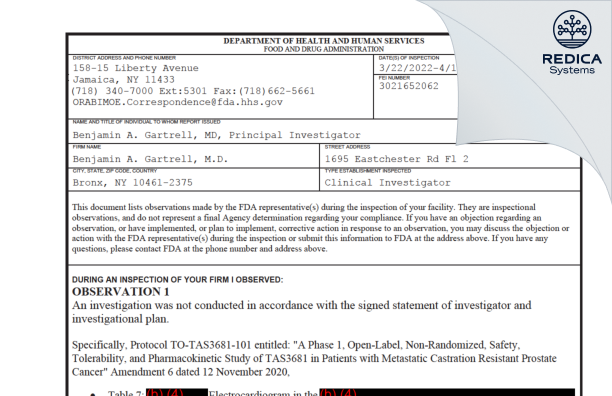 FDA 483 - Benjamin A. Gartrell, M.D. [Bronx / United States of America] - Download PDF - Redica Systems