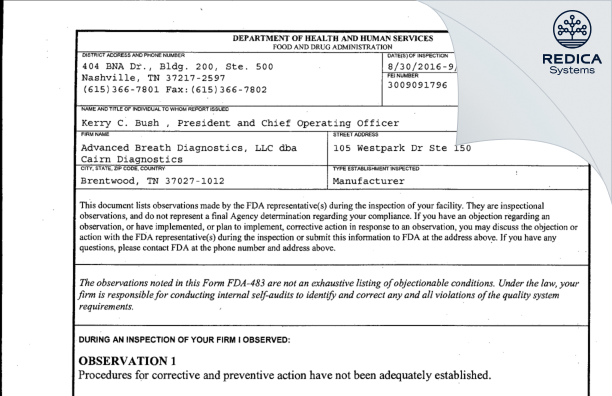 FDA 483 - Advanced Breath Diagnostics, LLC dba Cairn Diagnostics [Brentwood / United States of America] - Download PDF - Redica Systems