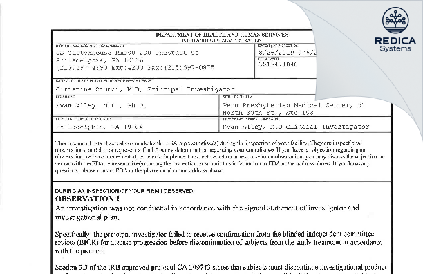 FDA 483 - Evan Alley, M.D., Ph.D. [Philadelphia / United States of America] - Download PDF - Redica Systems
