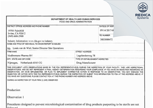 FDA 483 - AstraZeneca Nijmegen B.V. [Nijmegen / Netherlands] - Download PDF - Redica Systems