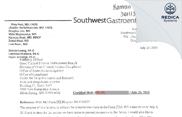 FDA 483 Response - Kamran Ayub [Oak Lawn / United States of America] - Download PDF - Redica Systems