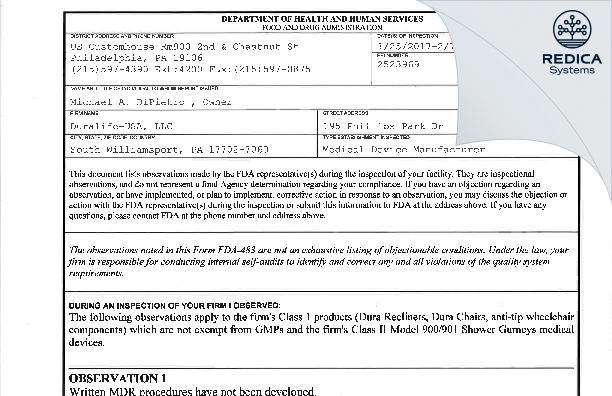 FDA 483 - Duralife-USA, LLC [South Williamsport / United States of America] - Download PDF - Redica Systems