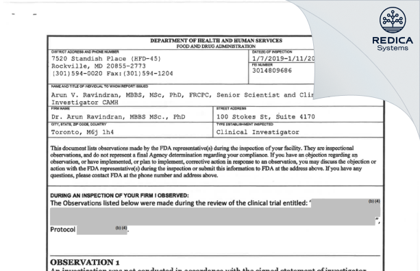 FDA 483 - Dr. Arun Ravindran, MBBS MSc., PhD [Toronto / Canada] - Download PDF - Redica Systems