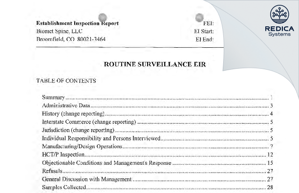 EIR - Zimmer Biomet Spine, Inc [Broomfield / United States of America] - Download PDF - Redica Systems