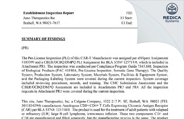 EIR - Juno Therapeutics, Inc. [Bothell / United States of America] - Download PDF - Redica Systems