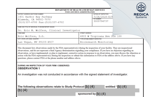 FDA 483 - Eric Wolfson, D.O. [Las Vegas / United States of America] - Download PDF - Redica Systems