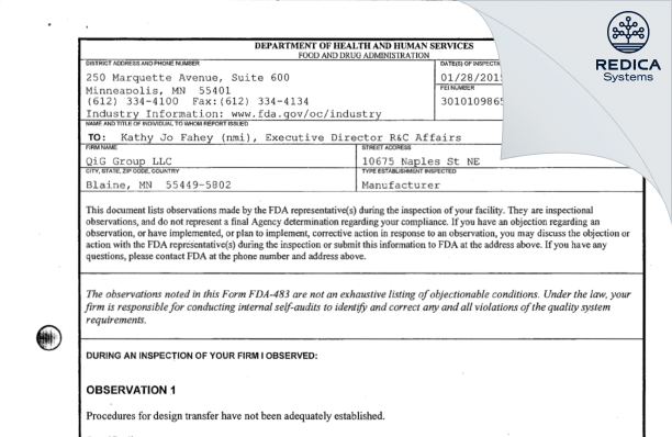 FDA 483 - QiG Group LLC [Blaine / United States of America] - Download PDF - Redica Systems