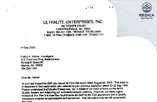 FDA 483 Response - Ultralite Enterprises Inc [Dacula / United States of America] - Download PDF - Redica Systems