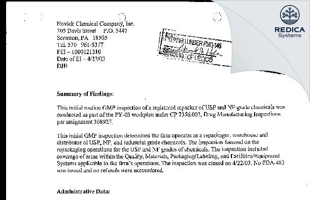 EIR - Novick Chemical Co Inc [Scranton / United States of America] - Download PDF - Redica Systems