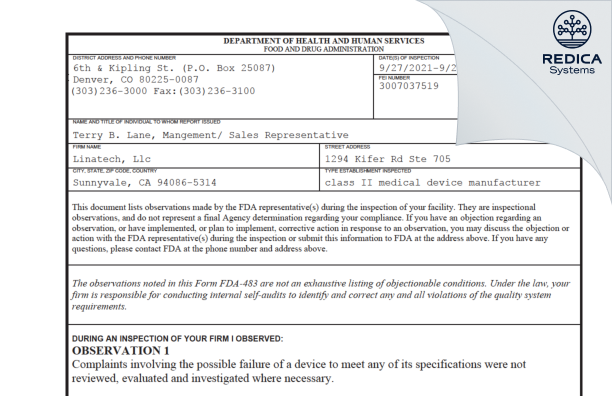 FDA 483 - Linatech, Llc [Sunnyvale / United States of America] - Download PDF - Redica Systems