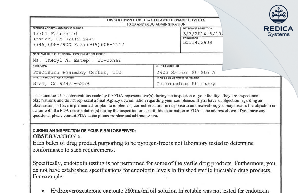 FDA 483 - Precision Pharmacy Center, LLC [Brea / United States of America] - Download PDF - Redica Systems