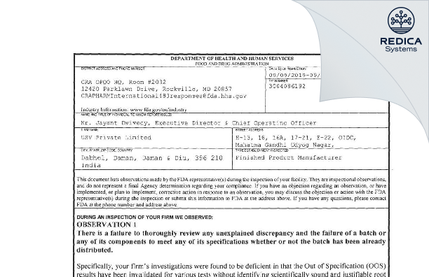 FDA 483 - USV Private Limited [- / India] - Download PDF - Redica Systems