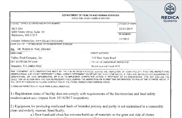 FDA 483 - Valley Feed Company, Inc. [Staunton / United States of America] - Download PDF - Redica Systems