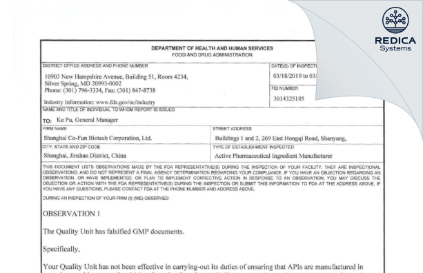 FDA 483 - Shanghai Co-Fun Biotech Corp., Ltd. [Shanghai / China] - Download PDF - Redica Systems