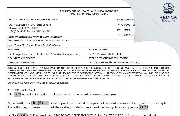 FDA 483 - First Royal Care Co. LLC, dba Red Mountain Compounding Pharmacy [Mesa / United States of America] - Download PDF - Redica Systems