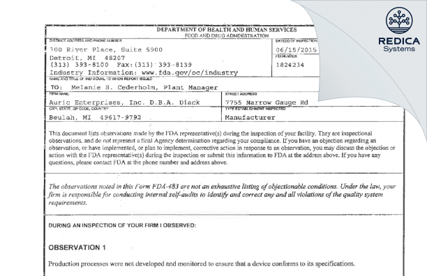 FDA 483 - Auric Enterprises, Inc. D.B.A. Diack [Beulah / United States of America] - Download PDF - Redica Systems