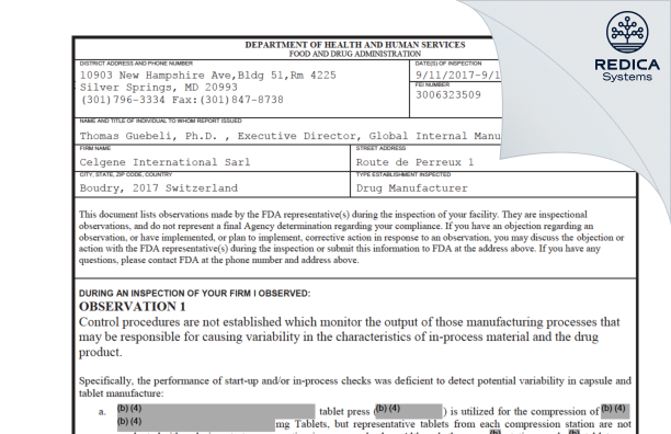 FDA 483 - Celgene International Sarl [- / Switzerland] - Download PDF - Redica Systems