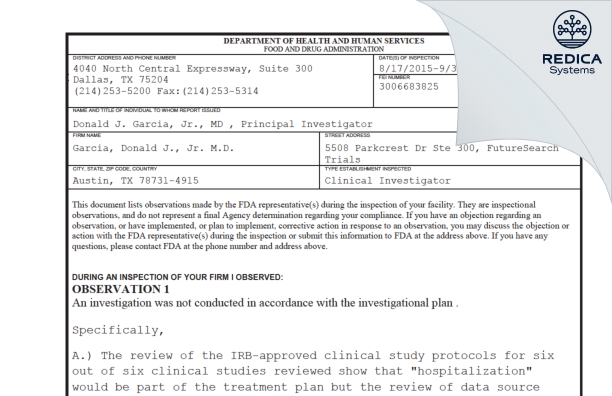 FDA 483 - Donald J Garcia, Jr. M.D. [Austin / United States of America] - Download PDF - Redica Systems