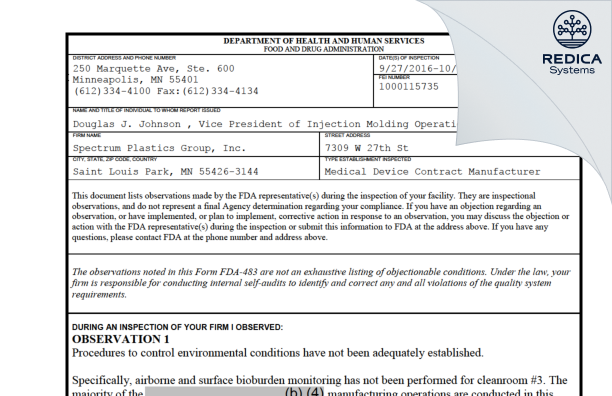 FDA 483 - Spectrum Plastics Group [Saint Louis Park / United States of America] - Download PDF - Redica Systems