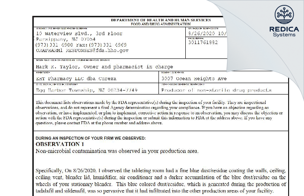 FDA 483 - Curexa - East, LLC dba Curexa [Harbor Township / United States of America] - Download PDF - Redica Systems
