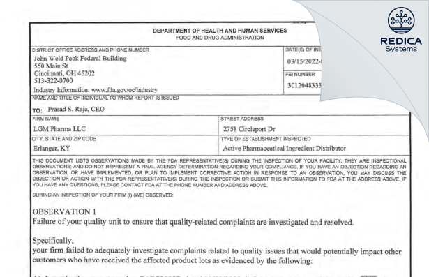 FDA 483 - LGM PHARMA, LLC [Erlanger Kentucky / United States of America] - Download PDF - Redica Systems