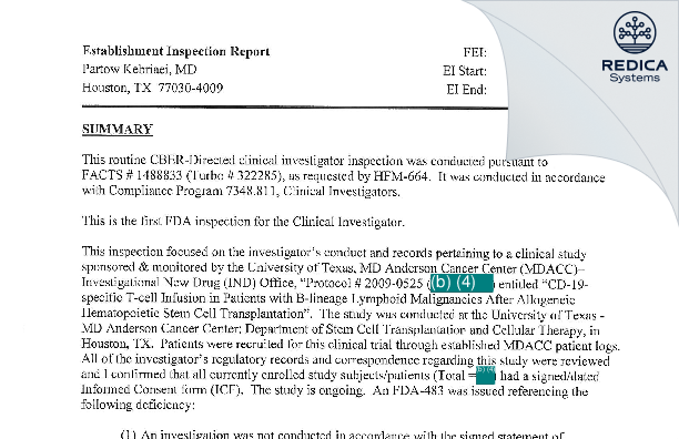 EIR - Partow Kebriaei, MD [Houston / United States of America] - Download PDF - Redica Systems