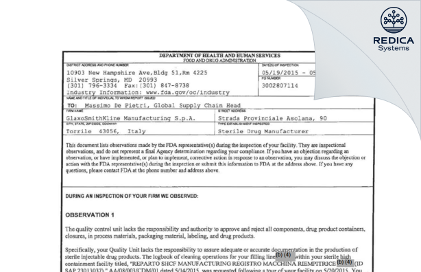 FDA 483 - GlaxoSmithKline Manufacturing SpA [Italy / Italy] - Download PDF - Redica Systems