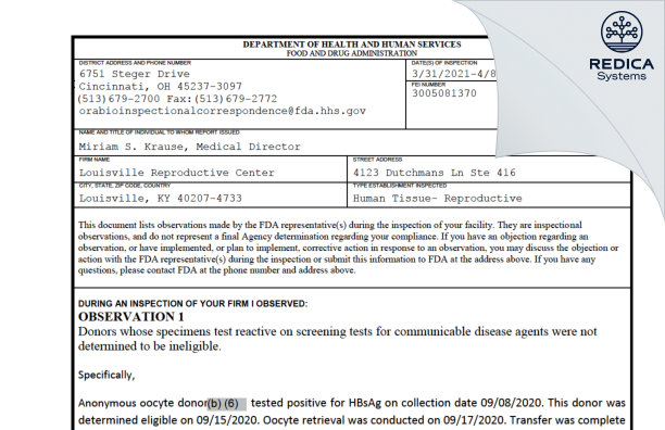 FDA 483 - Louisville Reproductive Center [Louisville / United States of America] - Download PDF - Redica Systems