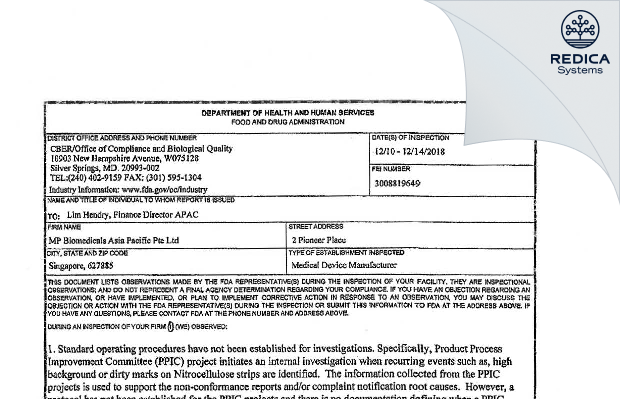 FDA 483 - MP Biomedicals Asia Pacific Ptd Ltd [Singapore / Singapore] - Download PDF - Redica Systems