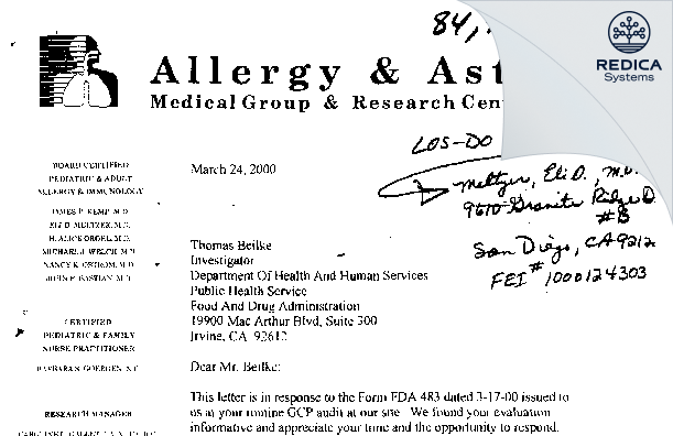 FDA 483 Response - Meltzer, Eli O Md [La Jolla / United States of America] - Download PDF - Redica Systems