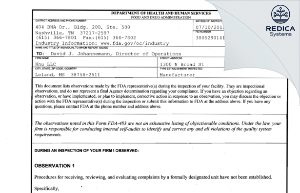 FDA 483 - Knu LLC [Leland / United States of America] - Download PDF - Redica Systems