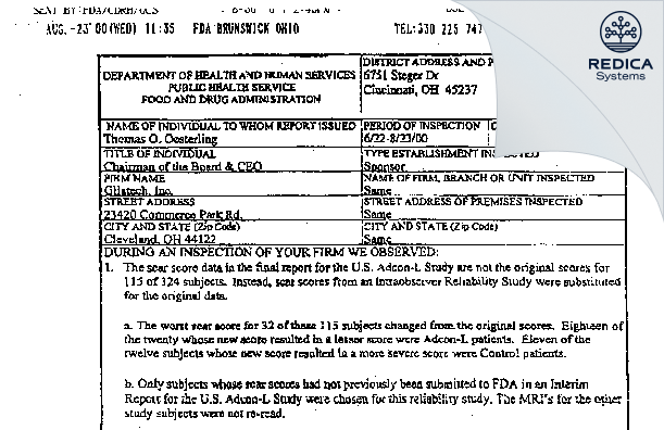 FDA 483 - Gliatech Inc [Beachwood / United States of America] - Download PDF - Redica Systems