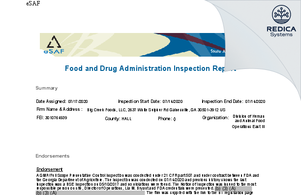 EIR - Big Creek Foods, LLC [Gainesville / United States of America] - Download PDF - Redica Systems