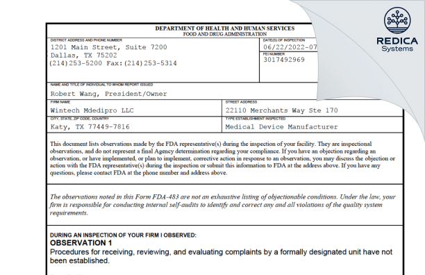 FDA 483 - Wintech Medipro LLC [Katy / United States of America] - Download PDF - Redica Systems