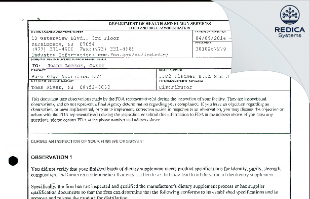 FDA 483 - Pure Edge Nutrition LLC. [Toms River / United States of America] - Download PDF - Redica Systems