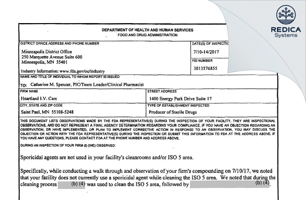 FDA 483 - Heartland I.V. Care [Saint Paul / United States of America] - Download PDF - Redica Systems