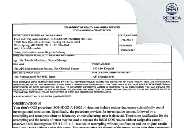 FDA 483 - UBE Corporation [Ube / Japan] - Download PDF - Redica Systems