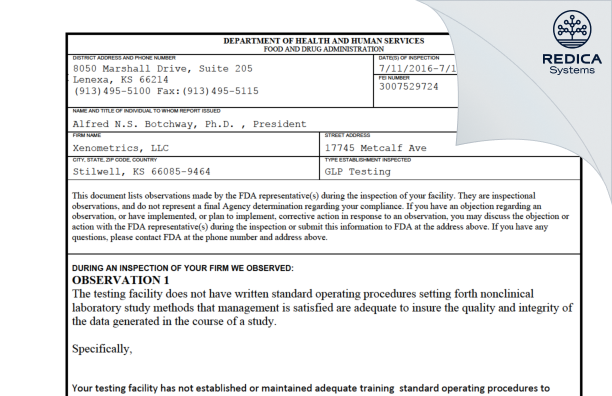 FDA 483 - Xenometrics, LLC [Stilwell / United States of America] - Download PDF - Redica Systems