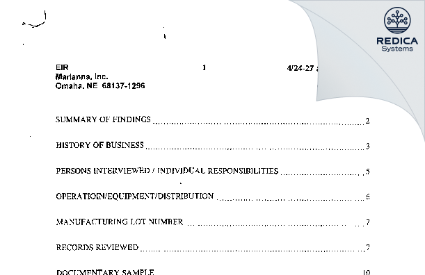 EIR - Marianna Industries, Inc [Omaha / United States of America] - Download PDF - Redica Systems