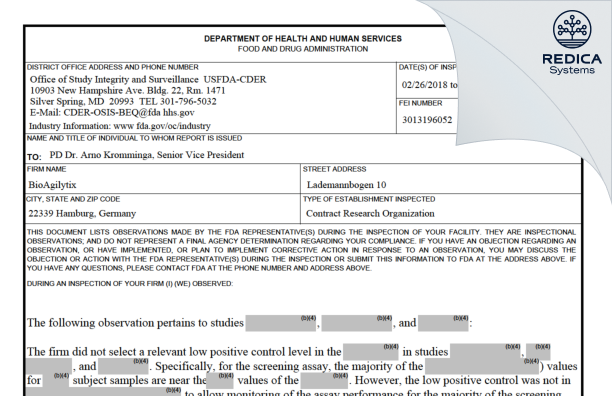 FDA 483 - BioAgilytix [Hamburg / Germany] - Download PDF - Redica Systems