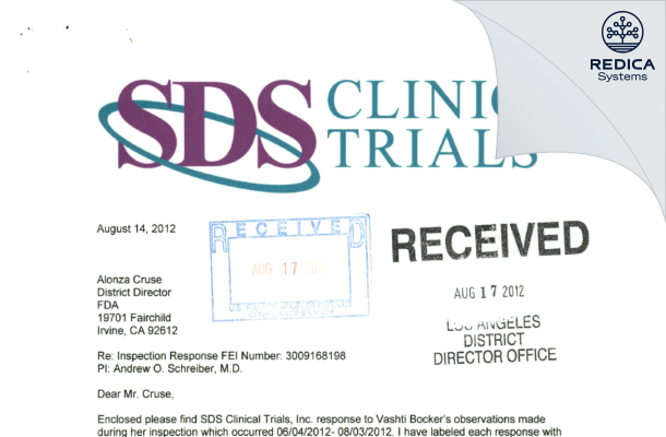FDA 483 Response - Andrew Schreiber [Orange / United States of America] - Download PDF - Redica Systems