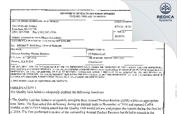 FDA 483 - Veranova, L.P. [Devens Massachusetts / United States of America] - Download PDF - Redica Systems