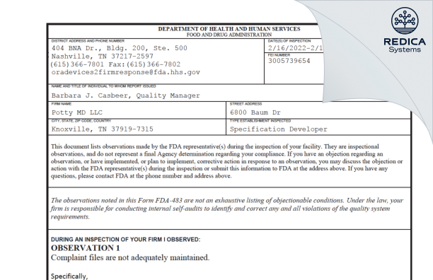 FDA 483 - Potty MD LLC [Knoxville / United States of America] - Download PDF - Redica Systems