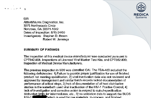 EIR - Murex Diagnostics Inc [Norcross / United States of America] - Download PDF - Redica Systems
