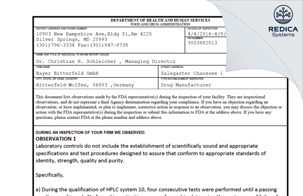 FDA 483 - Bayer Bitterfeld GmbH [Bitterfeld-Wolfen / Germany] - Download PDF - Redica Systems