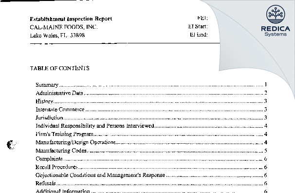 EIR - Cal-Maine Foods, Inc. (Lake Wales) [Lake Wales / United States of America] - Download PDF - Redica Systems