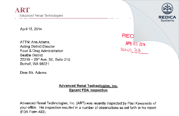FDA 483 - Advanced Renal Technologies Inc [Bellevue / United States of America] - Download PDF - Redica Systems
