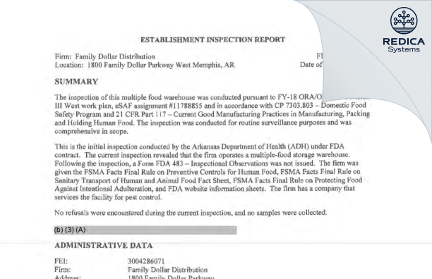 EIR - Family Dollar Distribution Inc. [West Memphis / United States of America] - Download PDF - Redica Systems