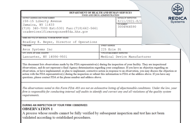 FDA 483 - Avox Systems Inc [Lancaster / United States of America] - Download PDF - Redica Systems