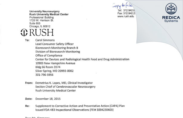 FDA 483 Response - Lopes, Demetrius K, MD [Chicago / United States of America] - Download PDF - Redica Systems